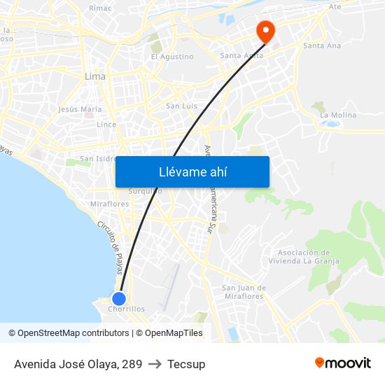 Avenida José Olaya, 289 to Tecsup map