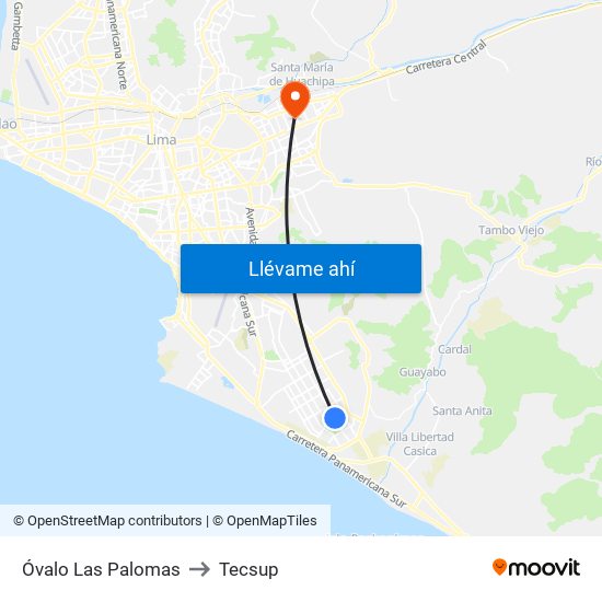 Óvalo Las Palomas to Tecsup map