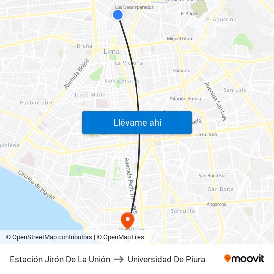 Estación Jirón De La Unión to Universidad De Piura map