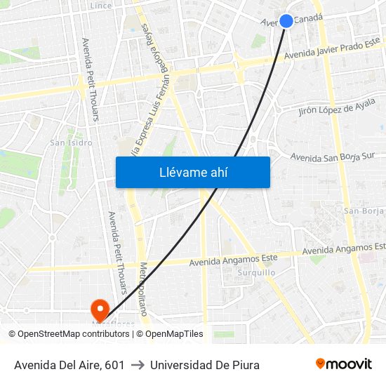 Avenida Del Aire, 601 to Universidad De Piura map