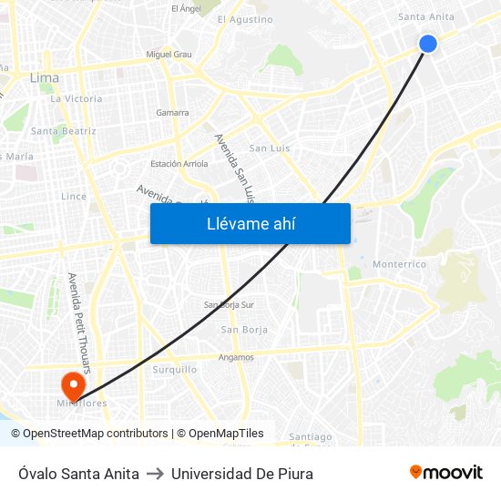 Óvalo Santa Anita to Universidad De Piura map