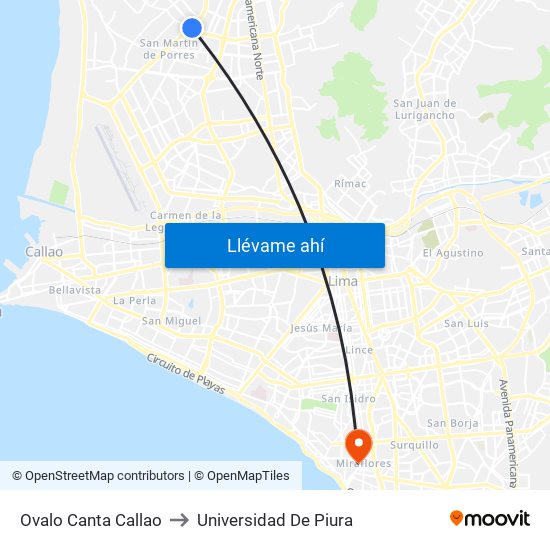 Ovalo Canta Callao to Universidad De Piura map