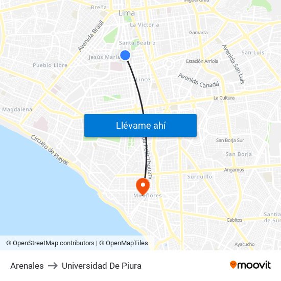 Arenales to Universidad De Piura map