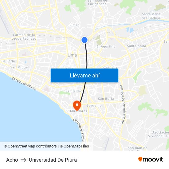 Acho to Universidad De Piura map