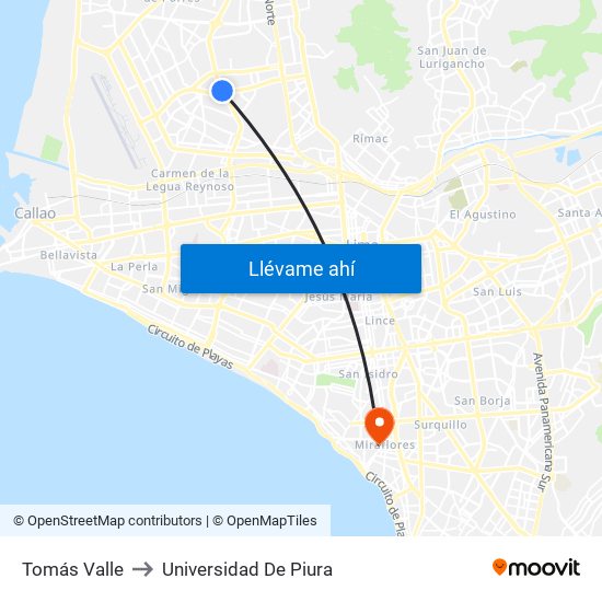 Tomás Valle to Universidad De Piura map