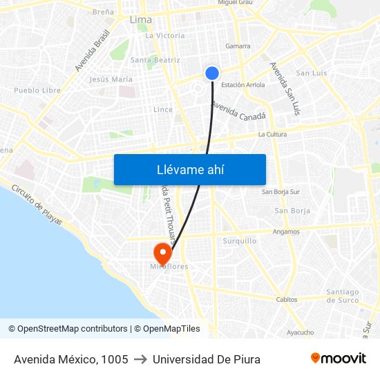 Avenida México, 1005 to Universidad De Piura map