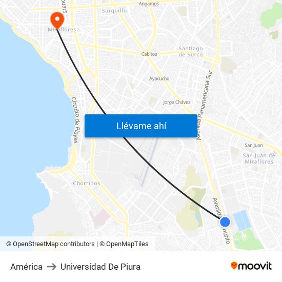 América to Universidad De Piura map