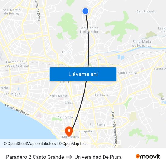 Paradero 2 Canto Grande to Universidad De Piura map