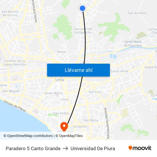 Paradero 5 Canto Grande to Universidad De Piura map