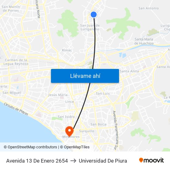 Avenida 13 De Enero 2654 to Universidad De Piura map