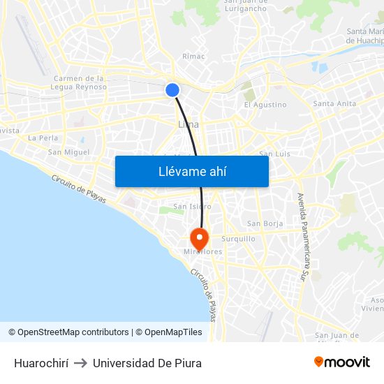 Huarochirí to Universidad De Piura map