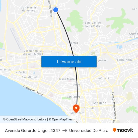 Avenida Gerardo Unger, 4347 to Universidad De Piura map