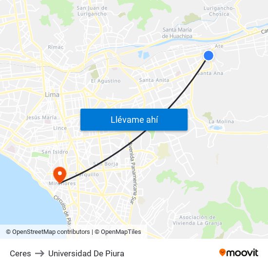 Ceres to Universidad De Piura map