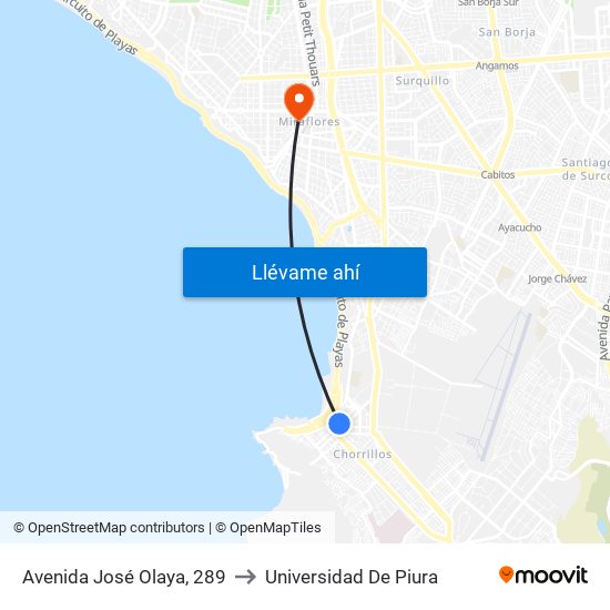 Avenida José Olaya, 289 to Universidad De Piura map