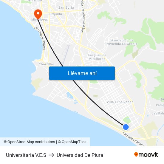 Universitaria V.E.S to Universidad De Piura map