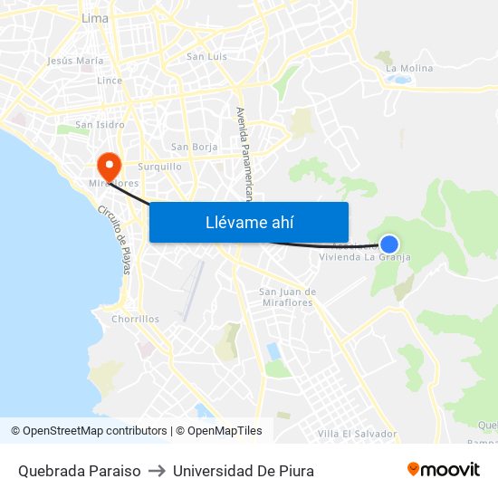 Quebrada Paraiso to Universidad De Piura map