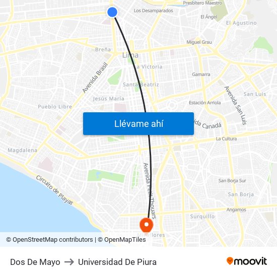 Dos De Mayo to Universidad De Piura map