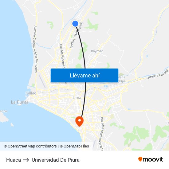 Huaca to Universidad De Piura map