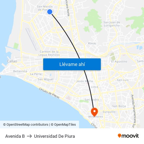 Avenida B to Universidad De Piura map