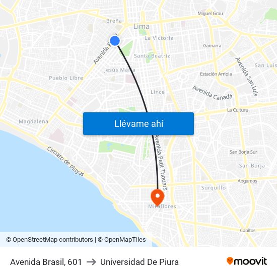 Avenida Brasil, 601 to Universidad De Piura map
