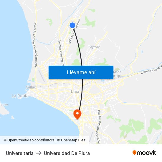 Universitaria to Universidad De Piura map