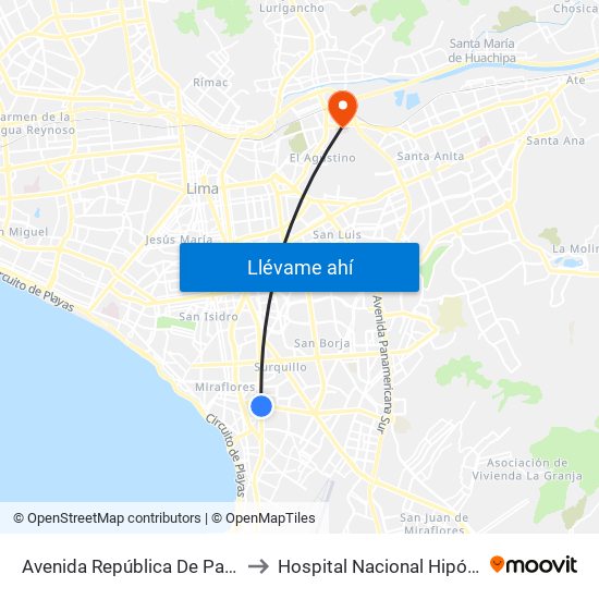 Avenida República De Panamá, 6239 to Hospital Nacional Hipólito Unanue map