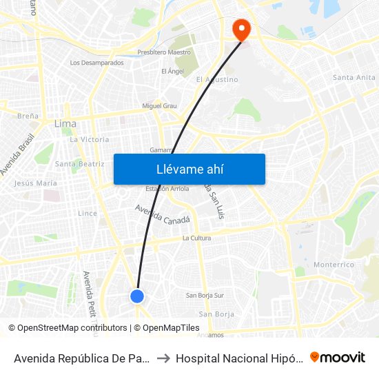 Avenida República De Panamá, 3887 to Hospital Nacional Hipólito Unanue map