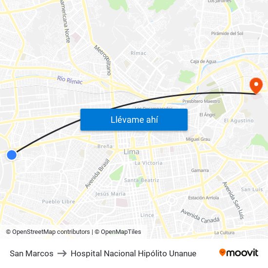 San Marcos to Hospital Nacional Hipólito Unanue map