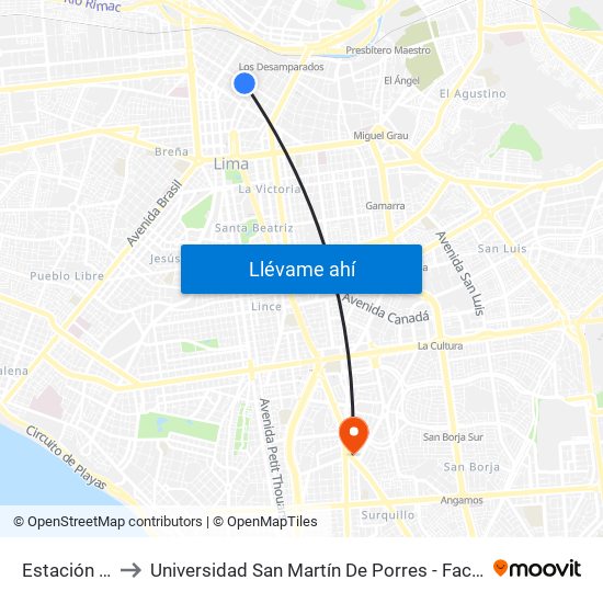 Estación Jirón De La Unión to Universidad San Martín De Porres - Facultad De Ciencias De La Comunicación, Turismo Y Psicología map