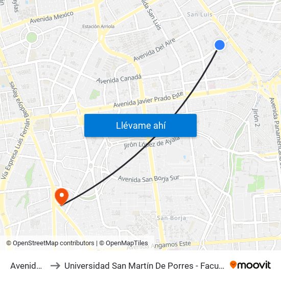 Avenida Canadá, 3921 to Universidad San Martín De Porres - Facultad De Ciencias De La Comunicación, Turismo Y Psicología map
