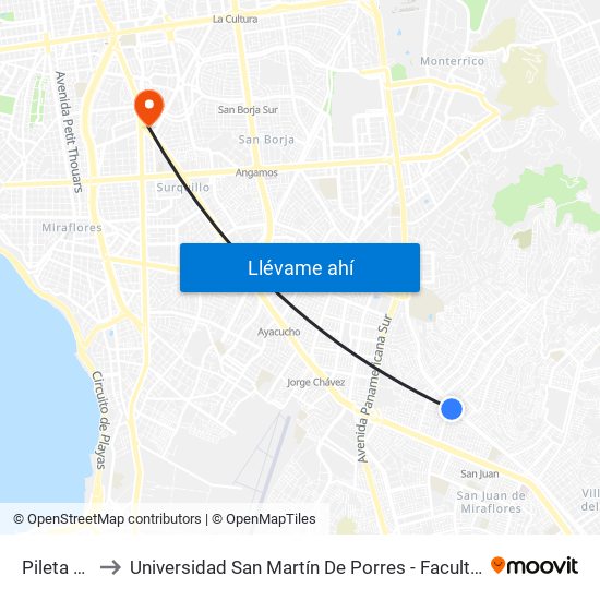 Pileta / Pista Nueva to Universidad San Martín De Porres - Facultad De Ciencias De La Comunicación, Turismo Y Psicología map