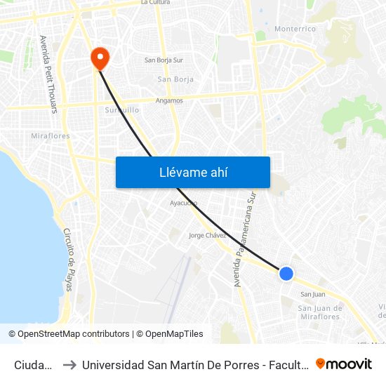 Ciudad / Tropicana to Universidad San Martín De Porres - Facultad De Ciencias De La Comunicación, Turismo Y Psicología map