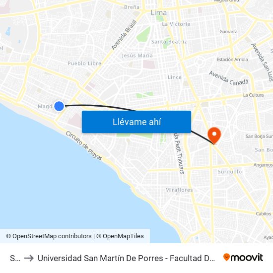 Sucre to Universidad San Martín De Porres - Facultad De Ciencias De La Comunicación, Turismo Y Psicología map