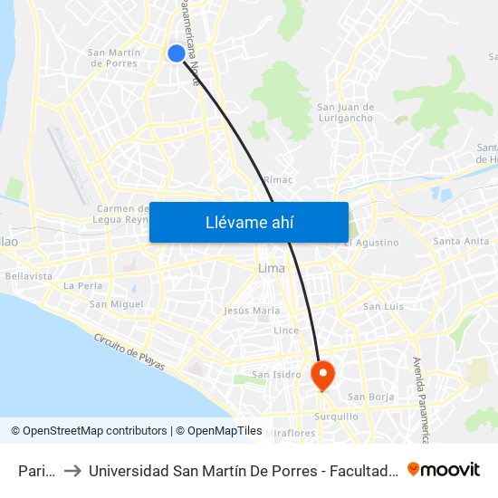 Pariahuanca to Universidad San Martín De Porres - Facultad De Ciencias De La Comunicación, Turismo Y Psicología map