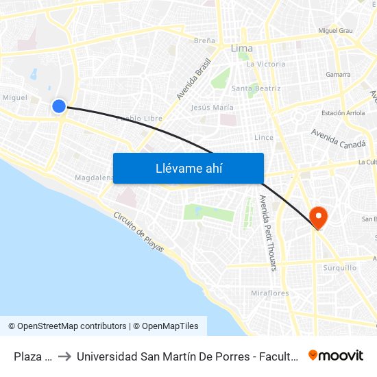 Plaza San Miguel to Universidad San Martín De Porres - Facultad De Ciencias De La Comunicación, Turismo Y Psicología map