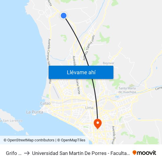 Grifo San Pedro to Universidad San Martín De Porres - Facultad De Ciencias De La Comunicación, Turismo Y Psicología map
