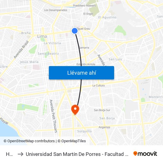 Huánuco to Universidad San Martín De Porres - Facultad De Ciencias De La Comunicación, Turismo Y Psicología map