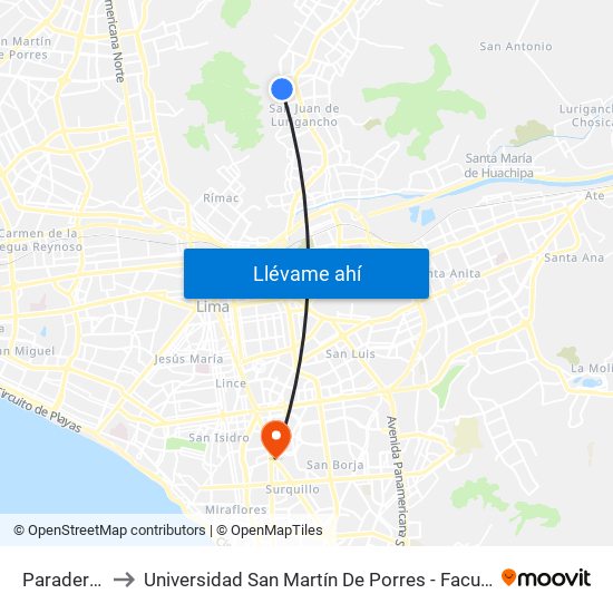 Paradero 18 Las Flores to Universidad San Martín De Porres - Facultad De Ciencias De La Comunicación, Turismo Y Psicología map