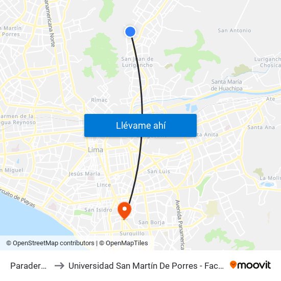 Paradero 1 Canto Grande to Universidad San Martín De Porres - Facultad De Ciencias De La Comunicación, Turismo Y Psicología map