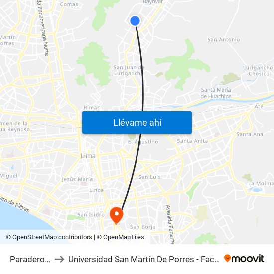 Paradero 10 Canto Grande to Universidad San Martín De Porres - Facultad De Ciencias De La Comunicación, Turismo Y Psicología map