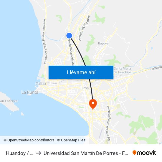 Huandoy / Panamericana Norte to Universidad San Martín De Porres - Facultad De Ciencias De La Comunicación, Turismo Y Psicología map
