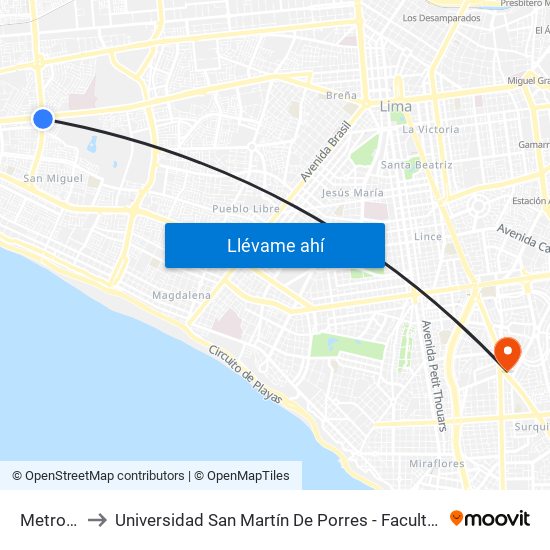 Metro - Venezuela to Universidad San Martín De Porres - Facultad De Ciencias De La Comunicación, Turismo Y Psicología map