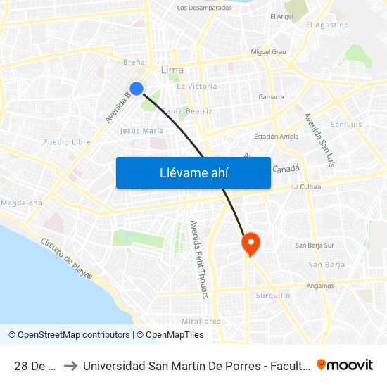 28 De Julio X Brasil to Universidad San Martín De Porres - Facultad De Ciencias De La Comunicación, Turismo Y Psicología map