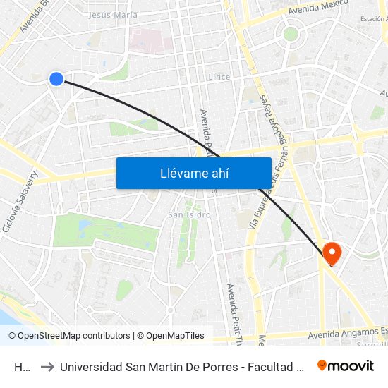 Huáscar to Universidad San Martín De Porres - Facultad De Ciencias De La Comunicación, Turismo Y Psicología map