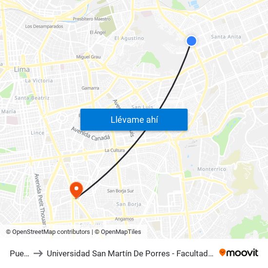 Puente Azul to Universidad San Martín De Porres - Facultad De Ciencias De La Comunicación, Turismo Y Psicología map