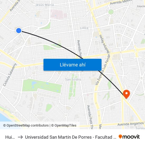 Huiracocha to Universidad San Martín De Porres - Facultad De Ciencias De La Comunicación, Turismo Y Psicología map