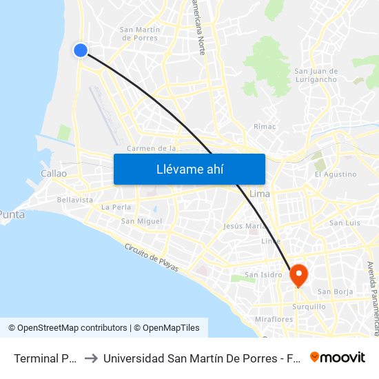 Terminal Pesquero De Ventanilla to Universidad San Martín De Porres - Facultad De Ciencias De La Comunicación, Turismo Y Psicología map