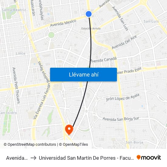 Avenida Aviación, 1070 to Universidad San Martín De Porres - Facultad De Ciencias De La Comunicación, Turismo Y Psicología map