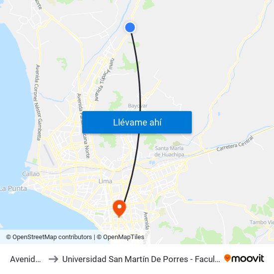 Avenida Túpac Amaru to Universidad San Martín De Porres - Facultad De Ciencias De La Comunicación, Turismo Y Psicología map