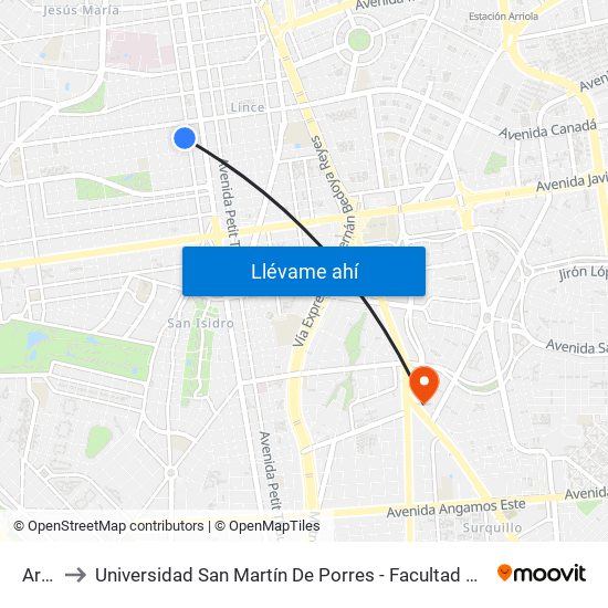 Arenales to Universidad San Martín De Porres - Facultad De Ciencias De La Comunicación, Turismo Y Psicología map